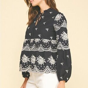 Pinch Navy and White Embroidered Blouse